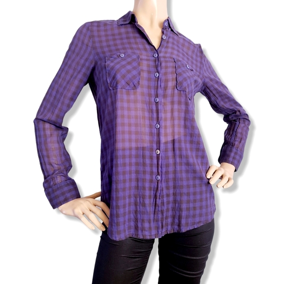 BCBGeneration Blue & Black Plaid Semi-Sheer Button Down Shirt - Picture 1 of 8